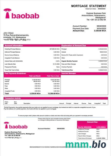 Madagaskar Baobab Banque Madagascar wyciąg z kredytu hipotecznego szablon Word i PDF